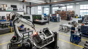 An industrial photograph taken from a slightly elevated perspective inside a modern, active metal fabrication facility belonging to JTV Manufacturing. A high-tech welding robot arm is visible in the foreground executing a precise join, while various human operators work nearby on automated and skilled tasks, illustrating the comprehensive services from initial cutting to final assembly all under one roof.